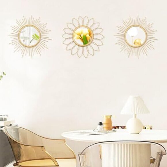 New 3 Pack Metal Sunburst Wall Mirrors, Decorative Hanging Art for Home Decor